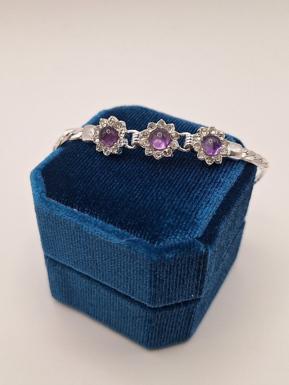 NWT Genuine Amethyst Floral Bracelet Silver Tone Purple Crystal
